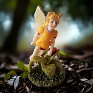 Vintage Fairy Figurine Yellow Dress Winged Blonde Resin Botanical Base 4.5"
